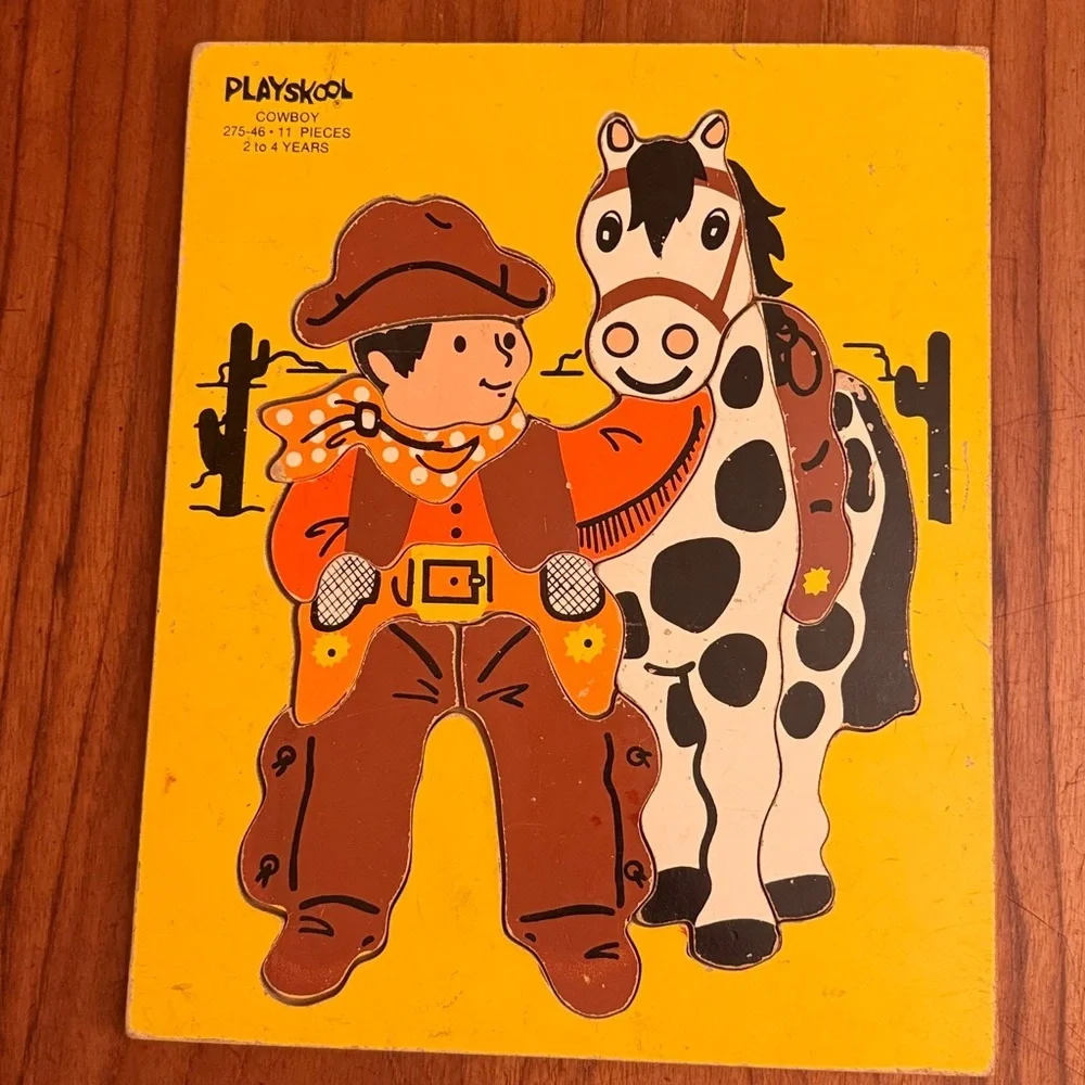 Vintage Playskool Wood Wooden First Puzzle Preschool Large Piece Set of 2 Cowboy